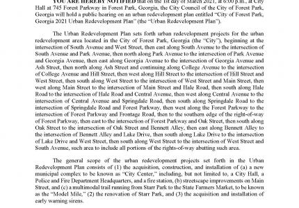 NOTICE OF PUBLIC HEARING ON URBAN REDEVELOPMENT PLAN ENTITLED  “CITY OF FOREST PARK, GEORGIA  2021 URBAN REDEVELOPMENT PLAN” 
