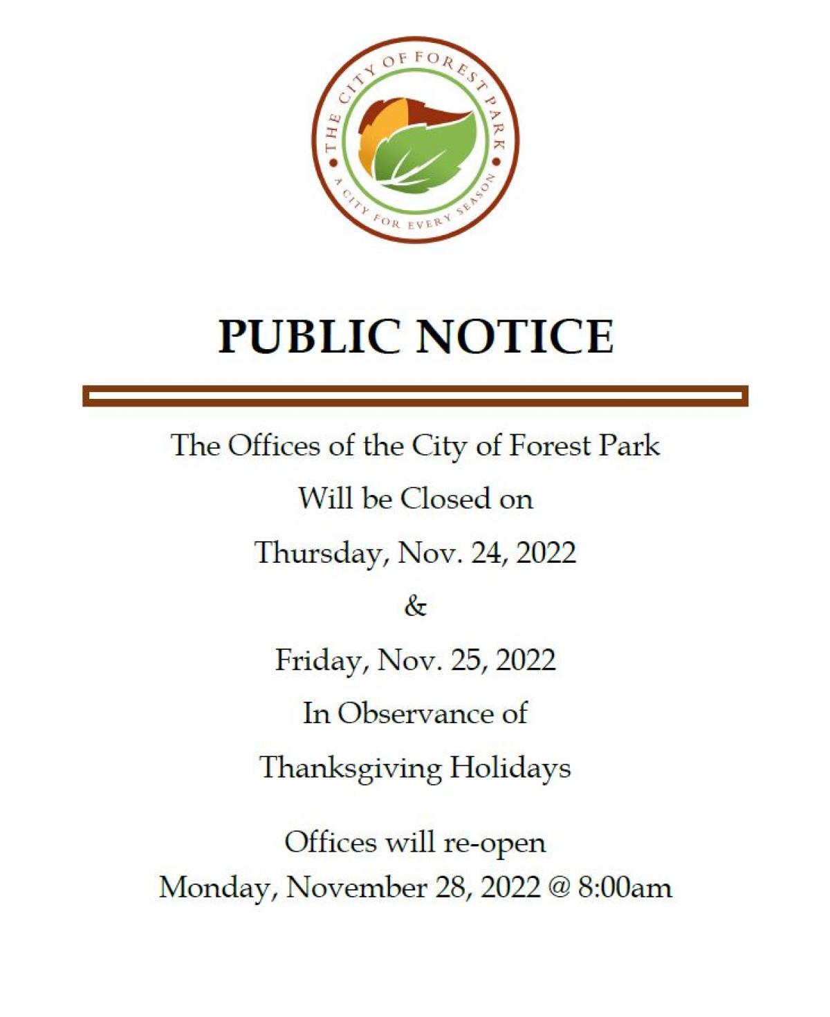 Thanksgiving Holiday Public Notice