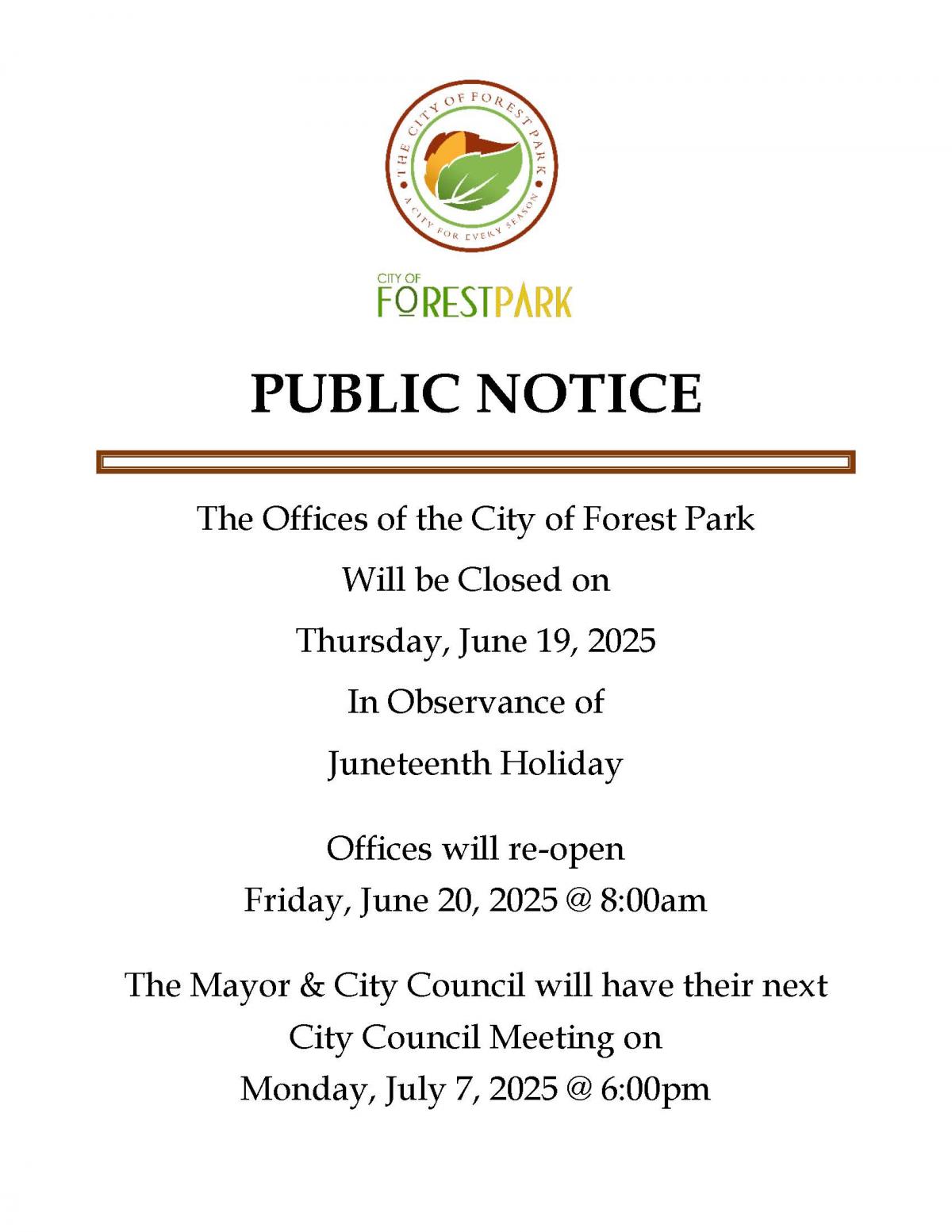  Public Notice: City Hall Office Closures For Juneteenth Holiday