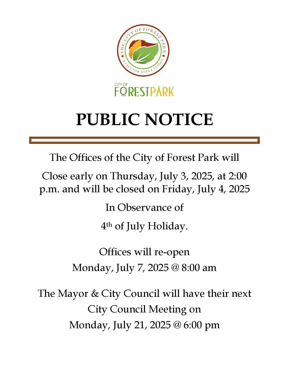 Early Closure Public Notice Early Closure