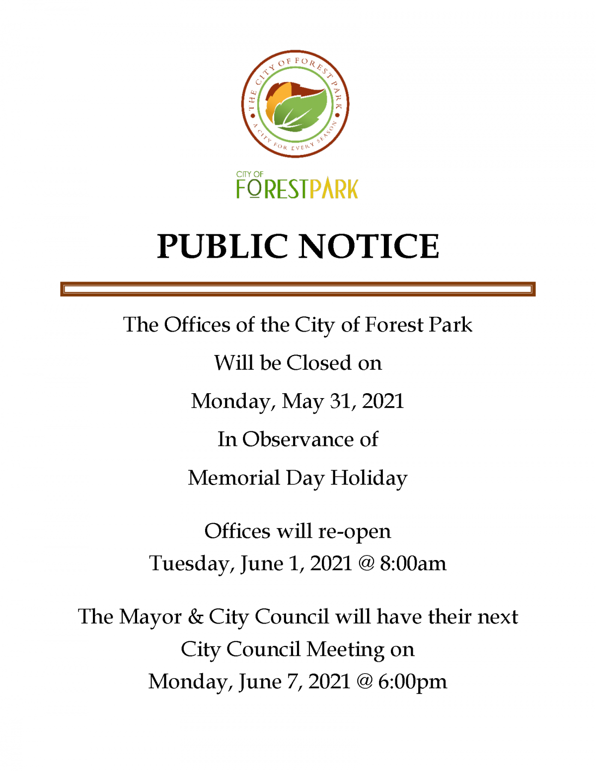 Closing for Memorial Day